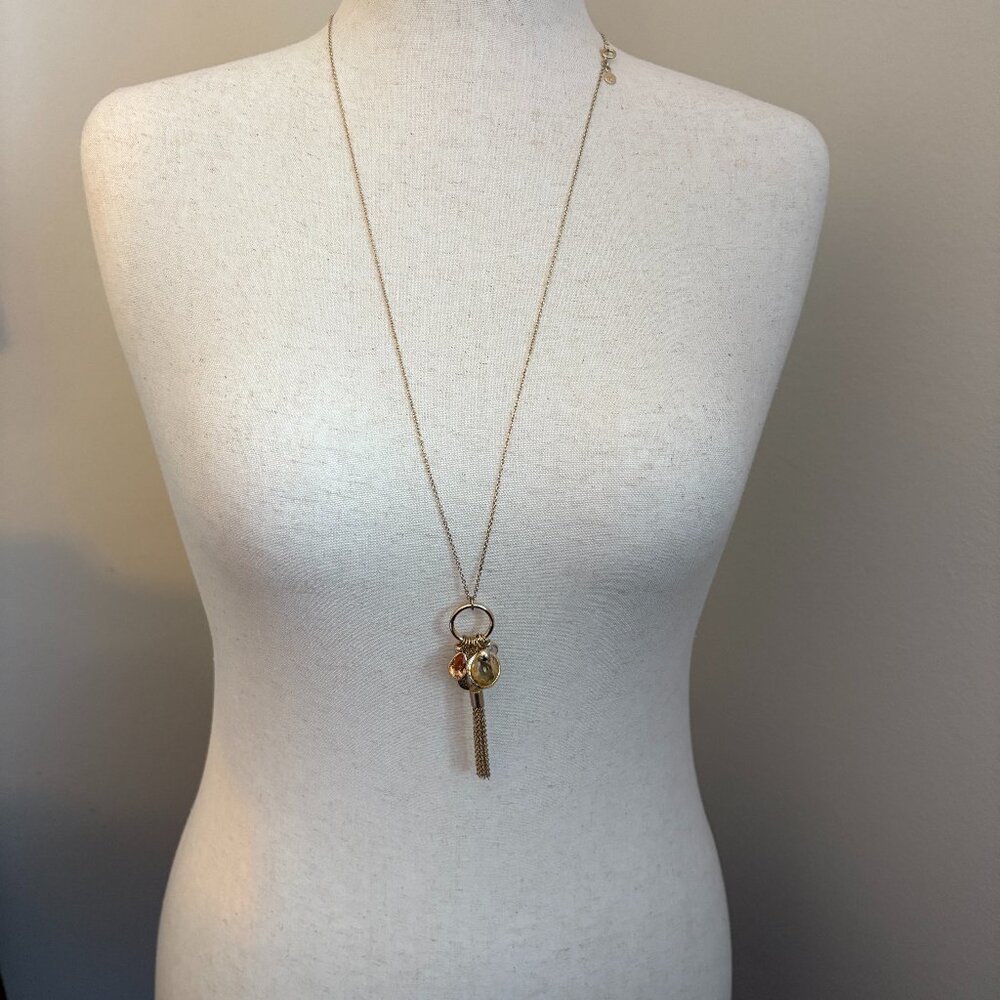 LOFT Charm & Tassel Pendant Necklace | Multicolor Gem Accents | Gold-Tone